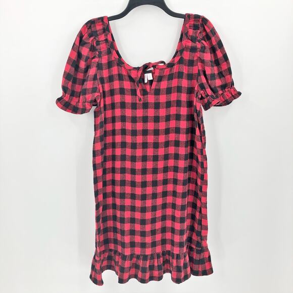 Nordstrom Pullover Dress Small Red Buffalo Plaid Short Sleeve Ruffle Trim NWOT - Picture 1 of 9